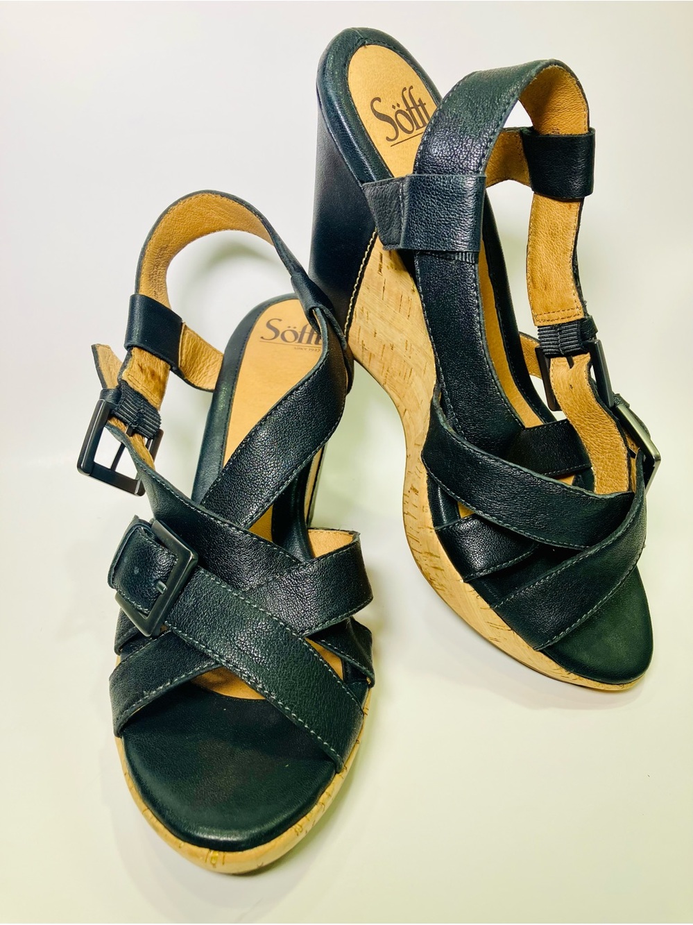 Vtg Söfft Black Crisscross Leather Goldflecked Cork Wedge Platform Sandal W Sz10